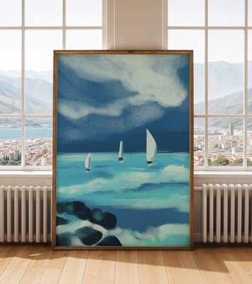 Seascape with sailboats navigating blue waves under a dramatic sky