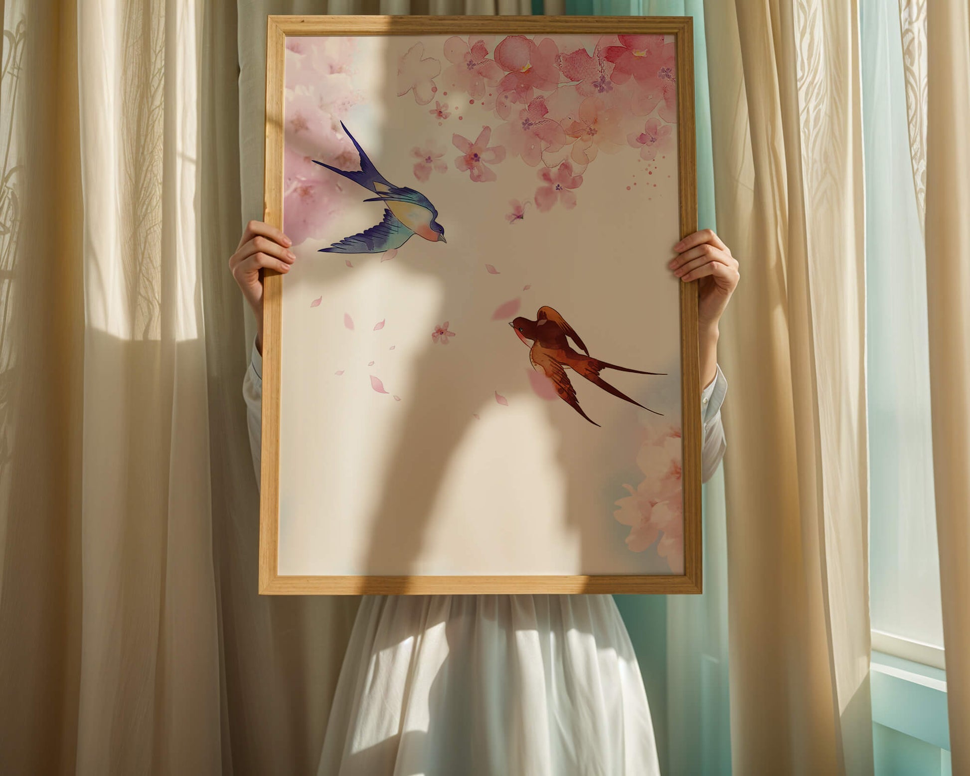 Pájaros coloridos y flores rosas en una escena primaveral de acuarela
