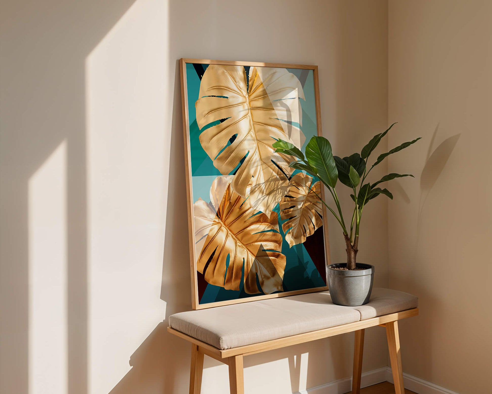 Hojas de monstera doradas sobre fondo geométrico