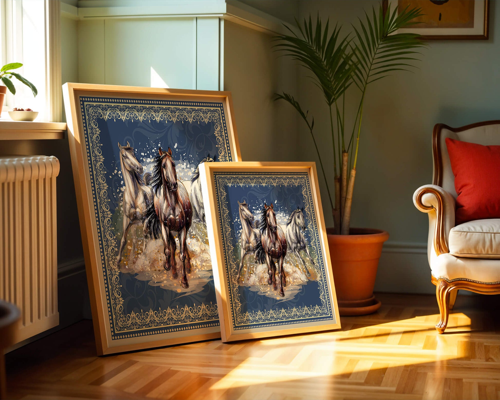 Running horses framed with elegant golden border on a blue background