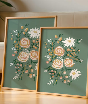 Floral illustration with roses and daisies on green background