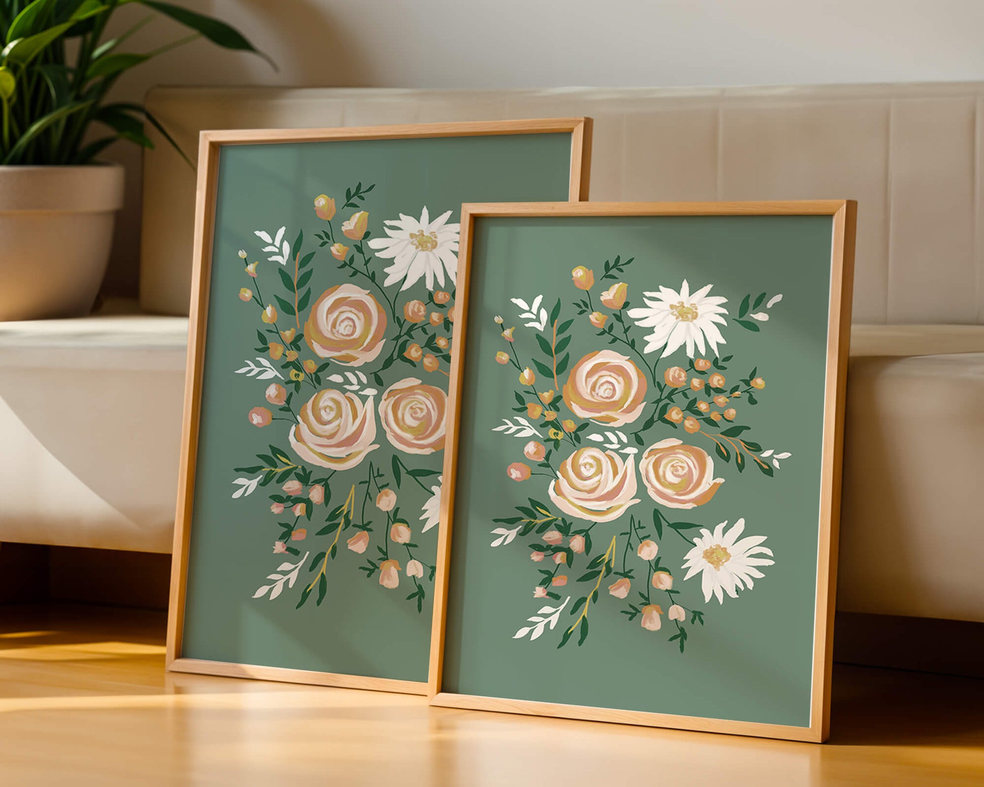 Floral illustration with roses and daisies on green background
