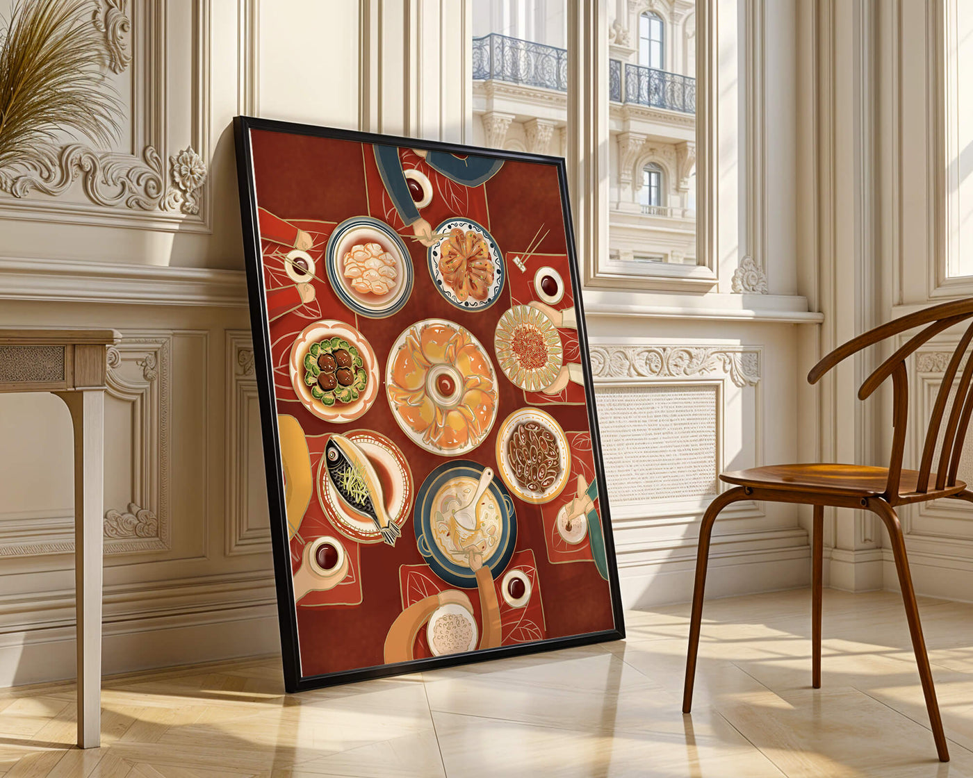 Colorful Chinese cuisine on a dining table with traditional dishes