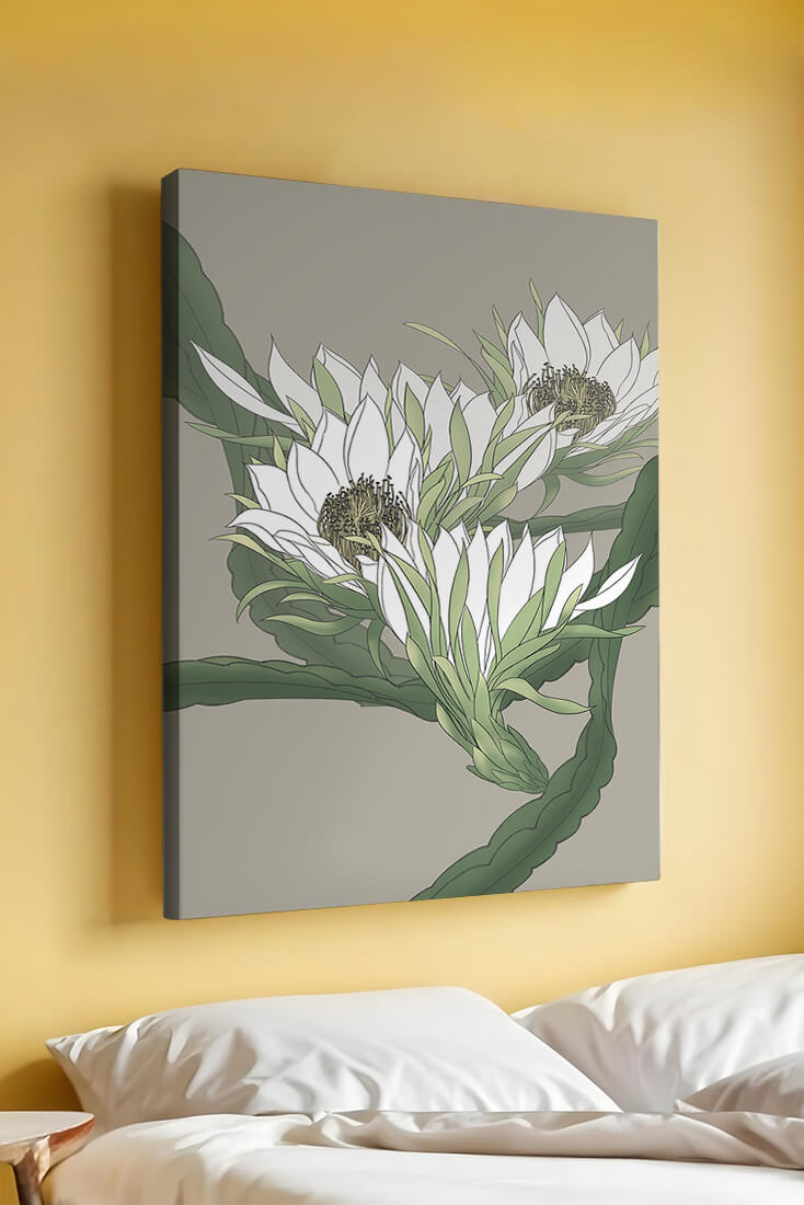 Beautiful botanical illustration of white blooming flowers with green leaves