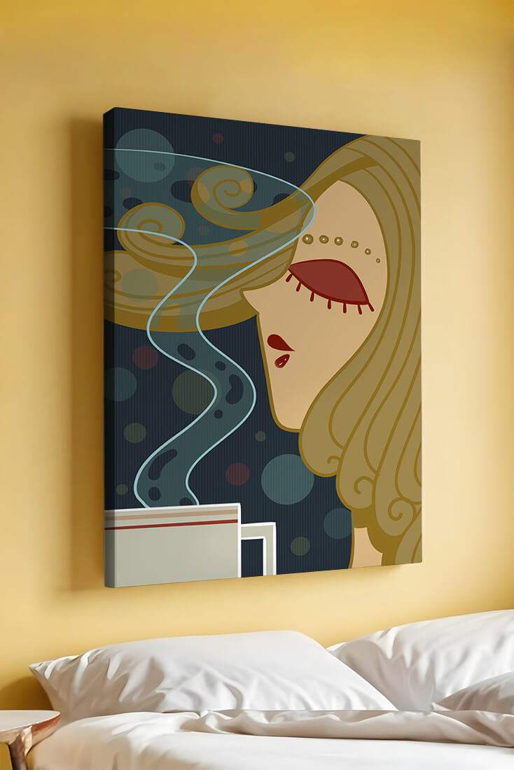 Stylized portrait of a woman with flowing hair and steaming coffee
