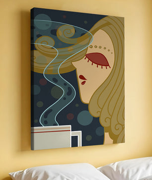 Stylized portrait of a woman with flowing hair and steaming coffee