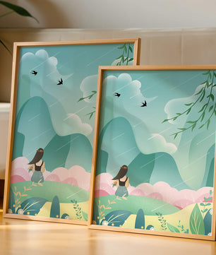 Peaceful landscape with a girl and nature elements