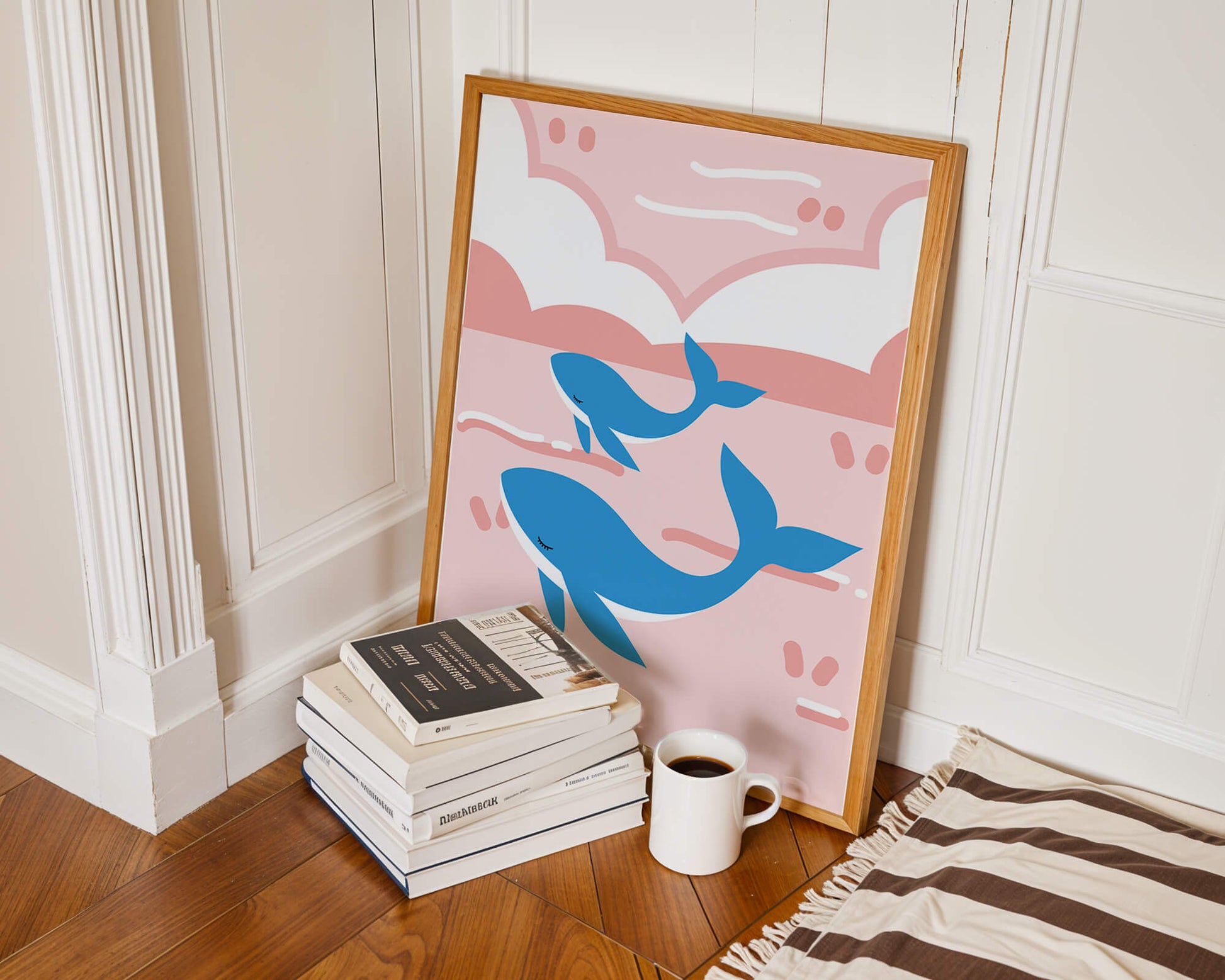 Playful whales illustration in pastel pink and blue