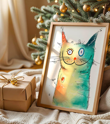 Artistic watercolor cat illustration with vibrant colors