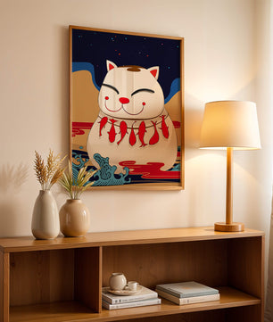 Japanese Lucky Cat with Fish Design in a Surreal Landscape