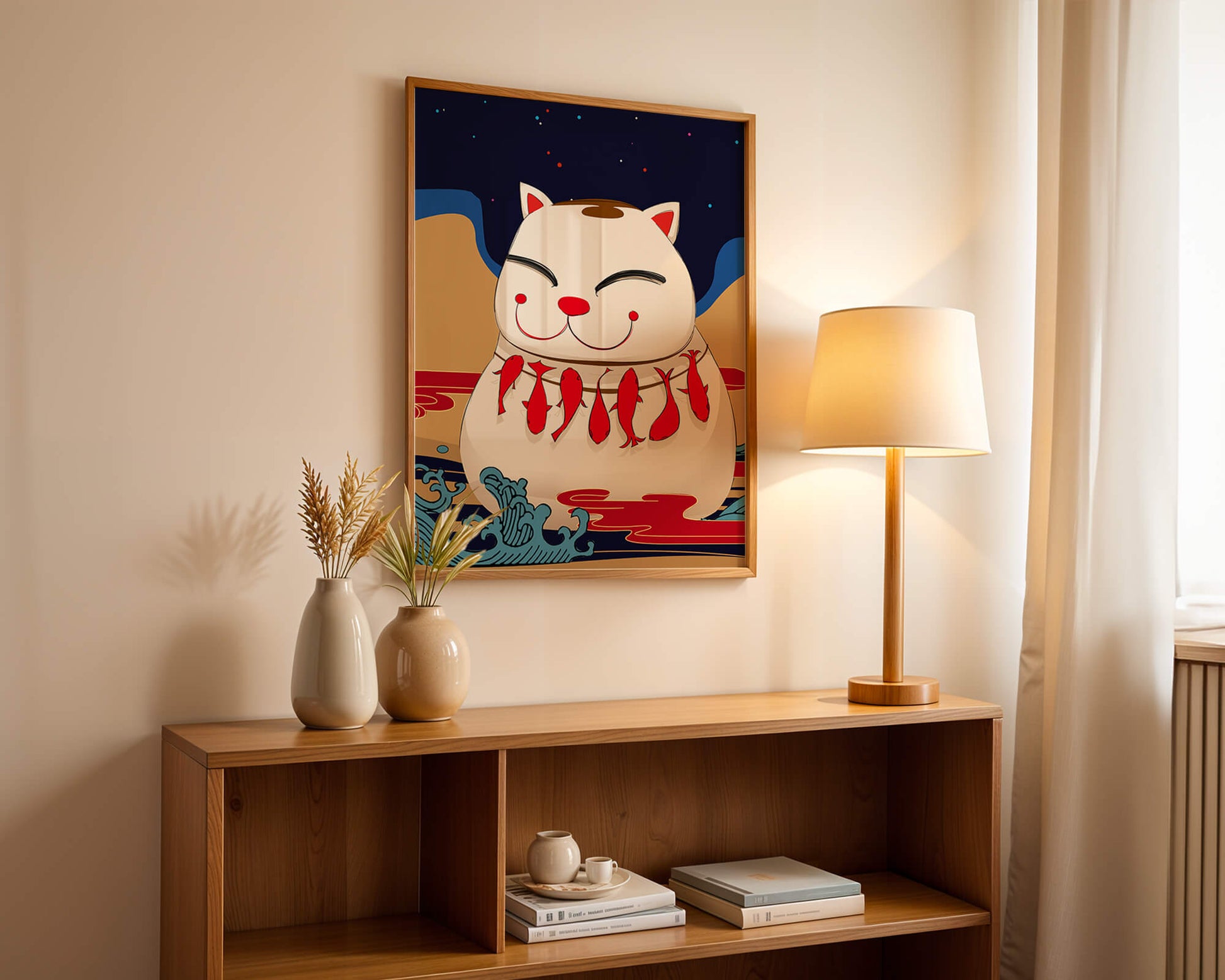 Japanese Lucky Cat with Fish Design in a Surreal Landscape