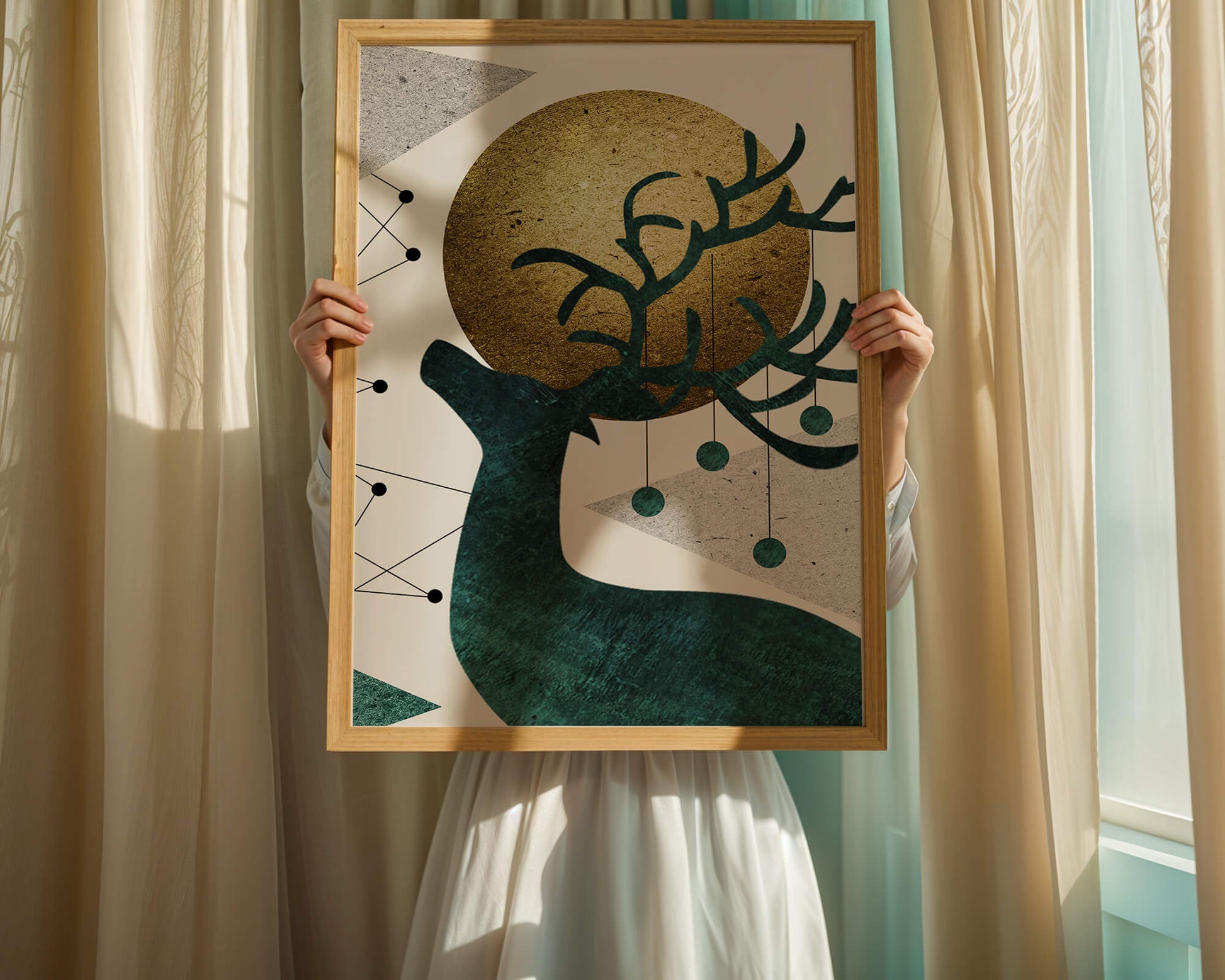 Abstract Geometric Deer with Gold Circle and Modern Design