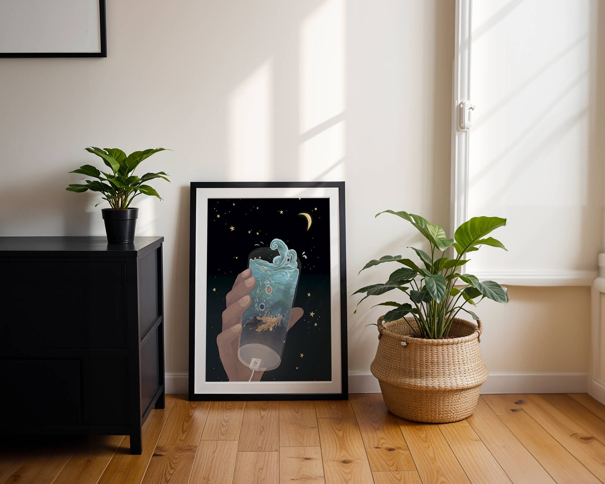 Abstract night sky scene with hand holding a glass of swirling water