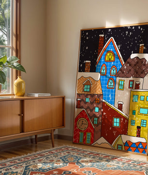 Farbenfrohe Winterstadtlandschaft mit schneebedeckten Häusern im Cartoon-Stil