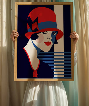 Femme élégante de style art déco avec chapeau cloche rouge et motifs géométriques