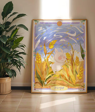 Cute Bunny in Wheat Field with Virgo Zodiac Theme