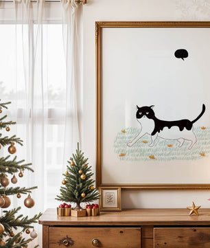 Whimsical cat illustration in field of flowers