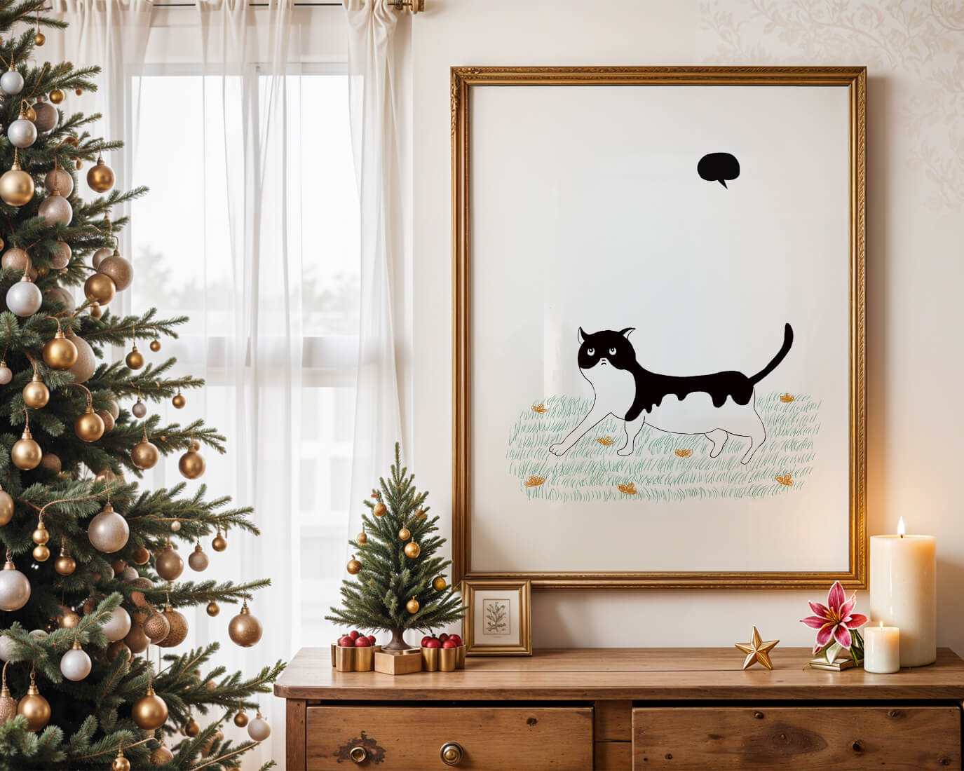Whimsical cat illustration in field of flowers