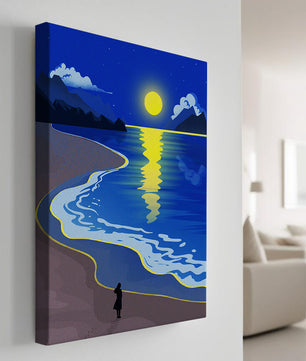 Plage au clair de lune avec montagnes et reflets sous le ciel nocturne