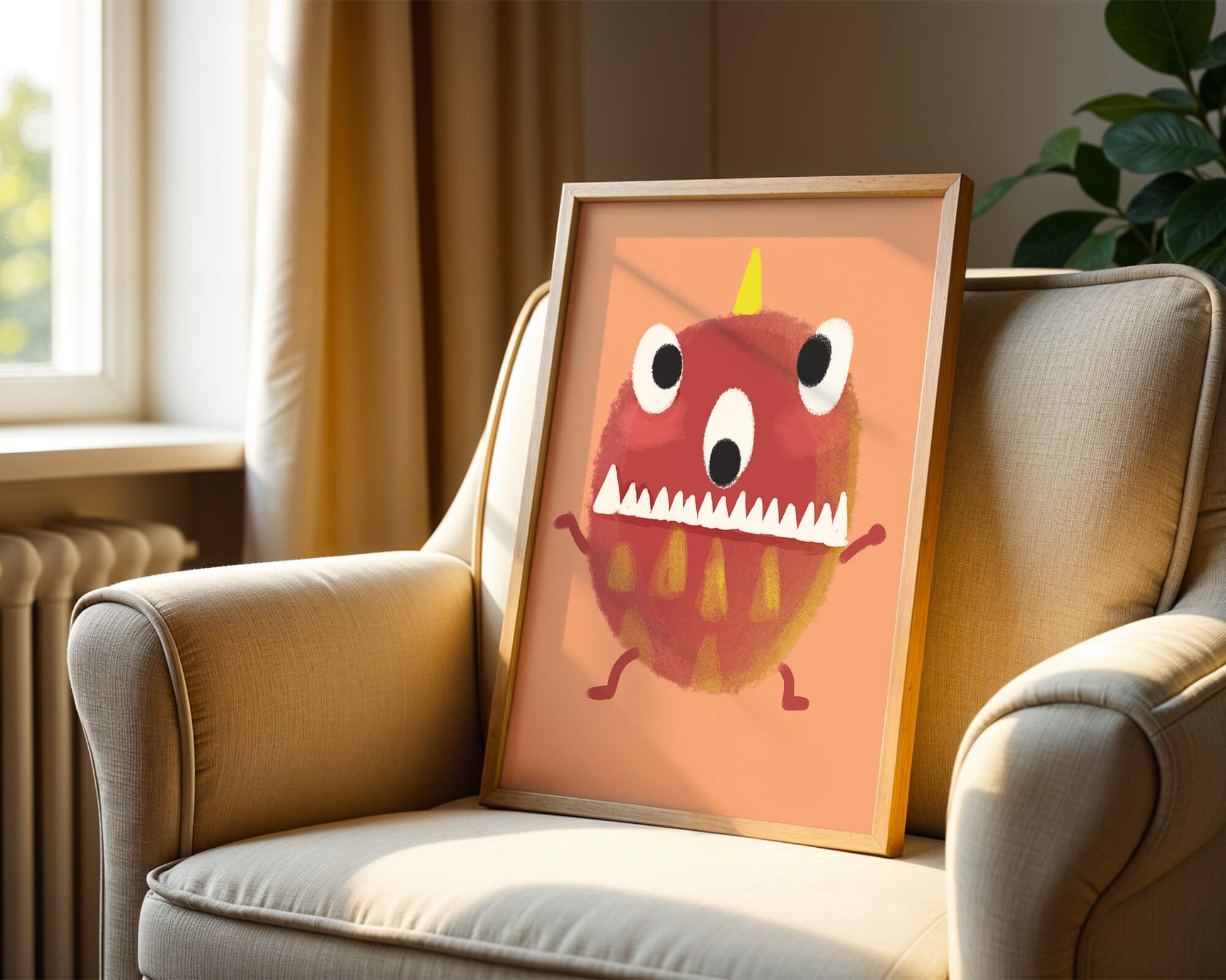 Monstruo colorido con rasgos geométricos y expresión lúdica.