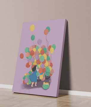 Bunte Luftballons mit einem Kind und einer Katze auf violettem Hintergrund