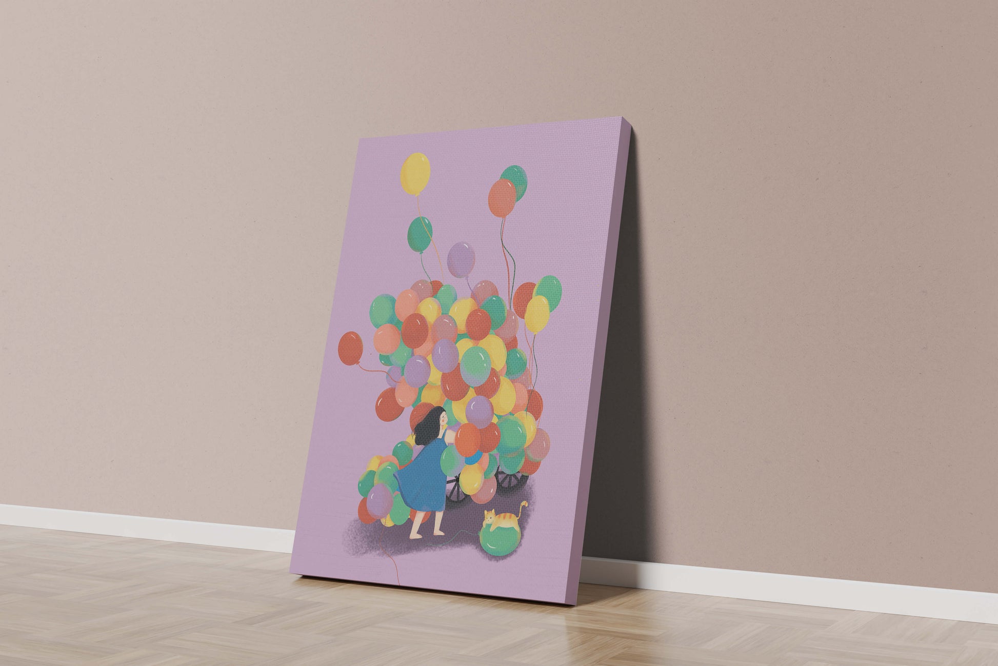 Bunte Luftballons mit einem Kind und einer Katze auf violettem Hintergrund