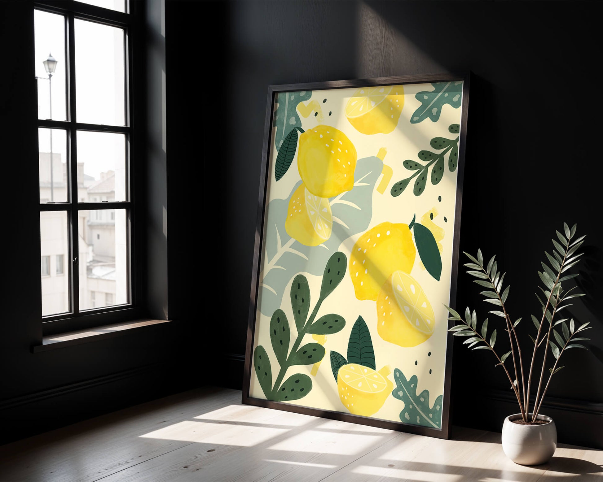 Composición ilustrativa de limones y hojas con colores vibrantes