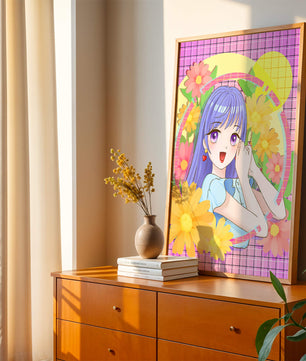 Anime-Mädchen mit leuchtenden Blumen und lila Haaren auf buntem Hintergrund