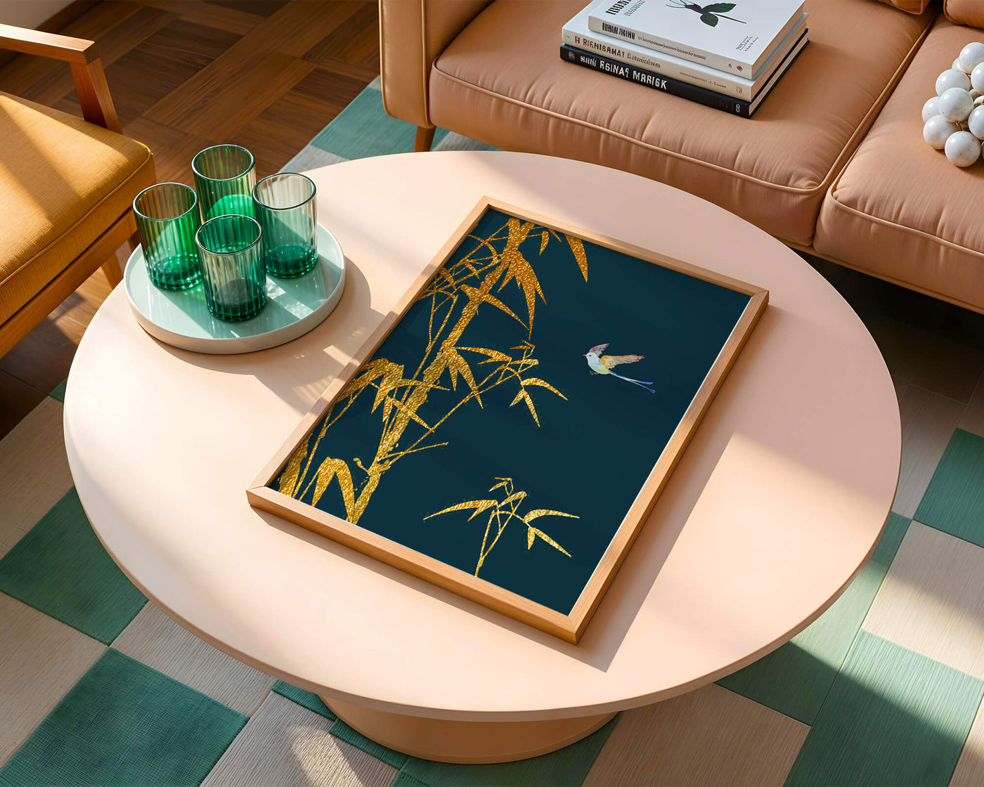 Golden bamboo and bird against a deep blue background