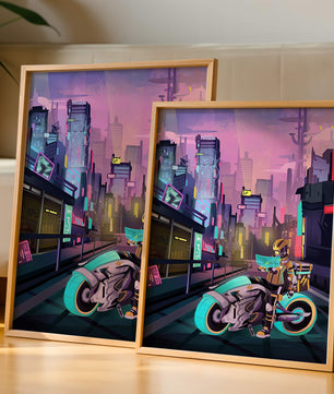 Paisaje urbano futurista cyberpunk con rascacielos iluminados con neón y motociclista