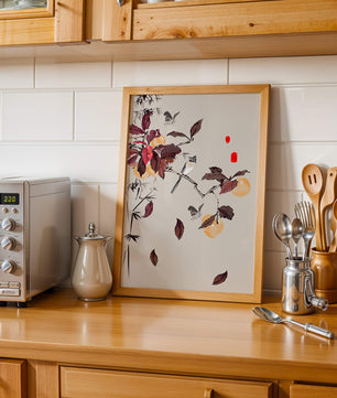 Elegant nature illustration featuring butterflies and birds on a branch
