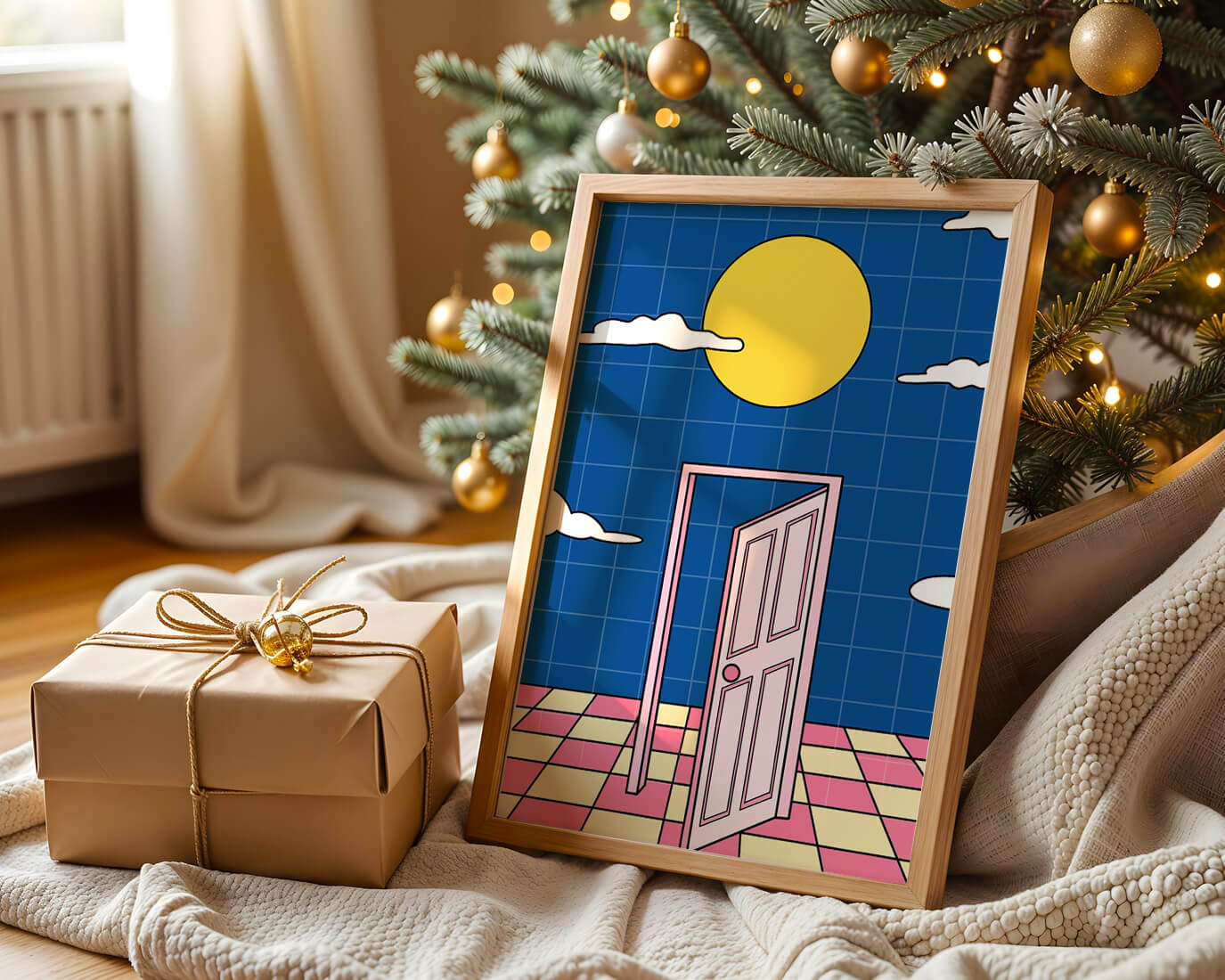 Surreal doorway with pink door under yellow sun and blue sky