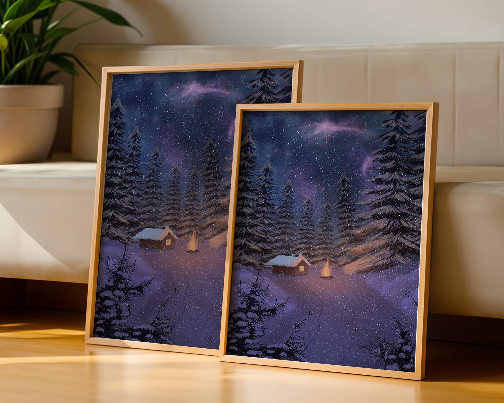 Winter night landscape with snowy cabin and pine forest