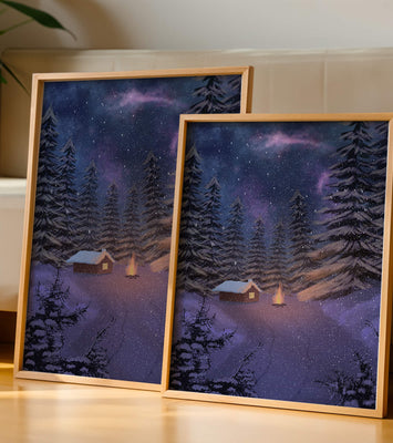 Winter night landscape with snowy cabin and pine forest