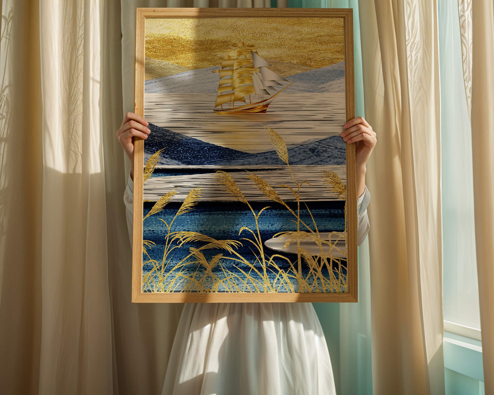 Golden Sailboat on Blue and Gold Landscape
