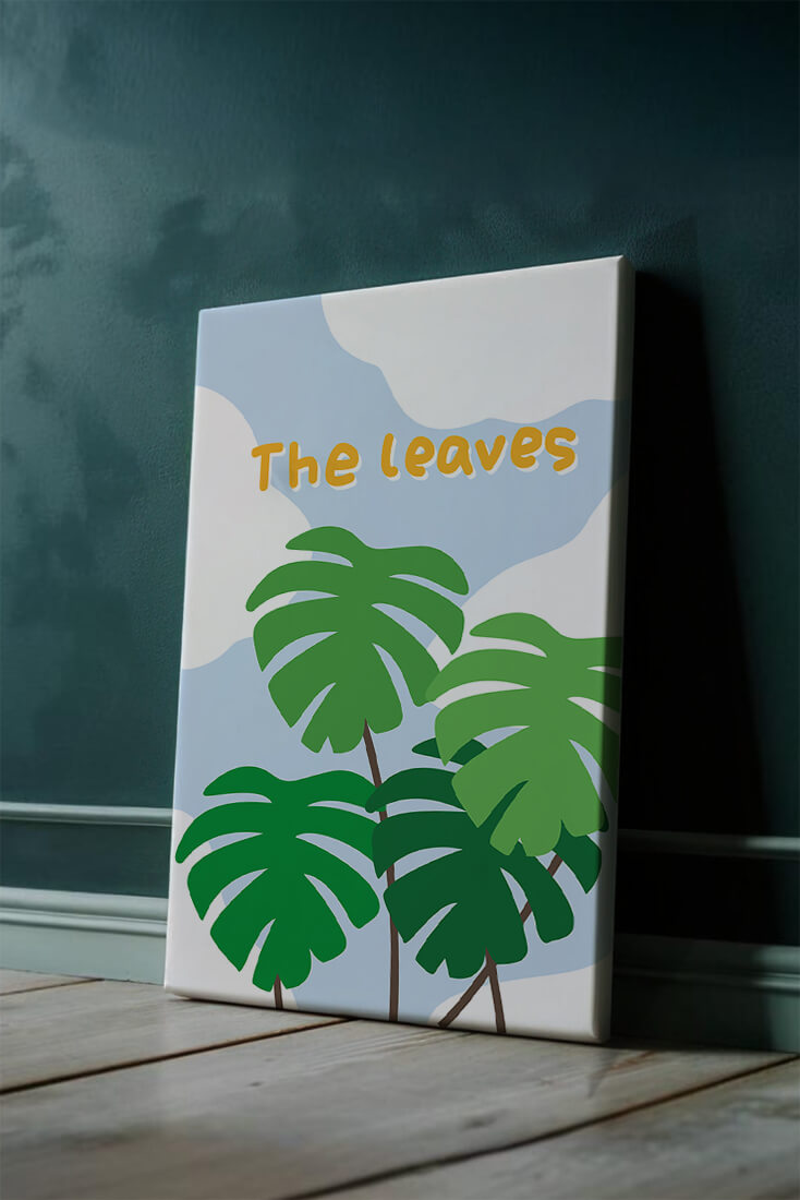 Illustrative tropical leaves with blue sky background for home decor