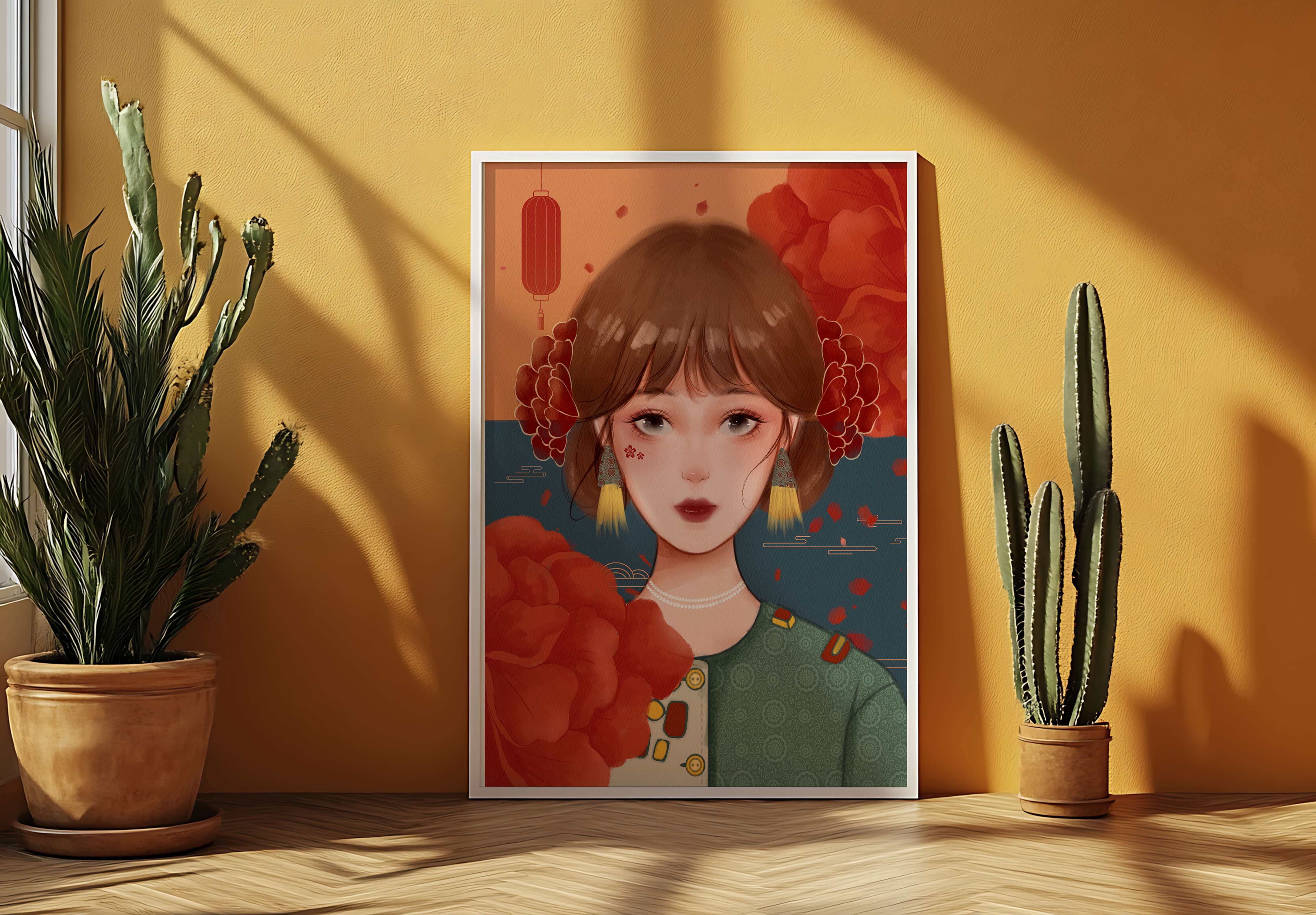 Illustration of a woman adorned with floral elements and traditional accessories