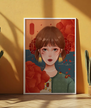 Illustration of a woman adorned with floral elements and traditional accessories