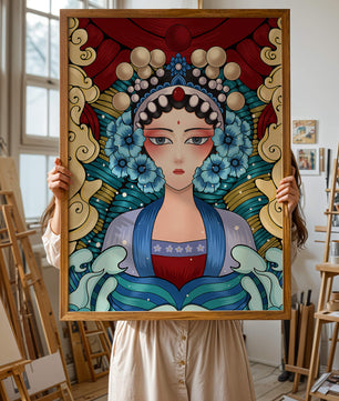 Traditional Asian Portrait with Vibrant Colors and Floral Details