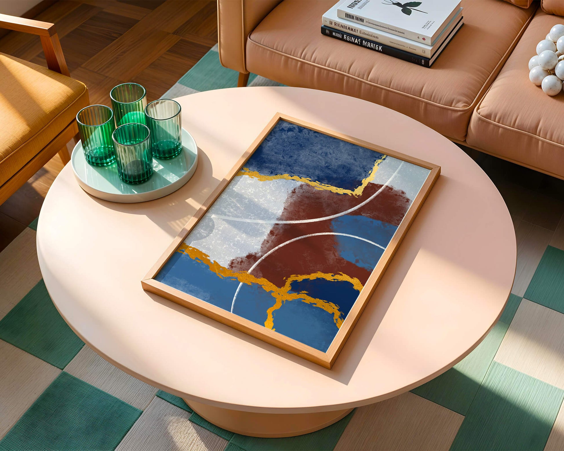 Abstract painting with gold accents and geometric elements