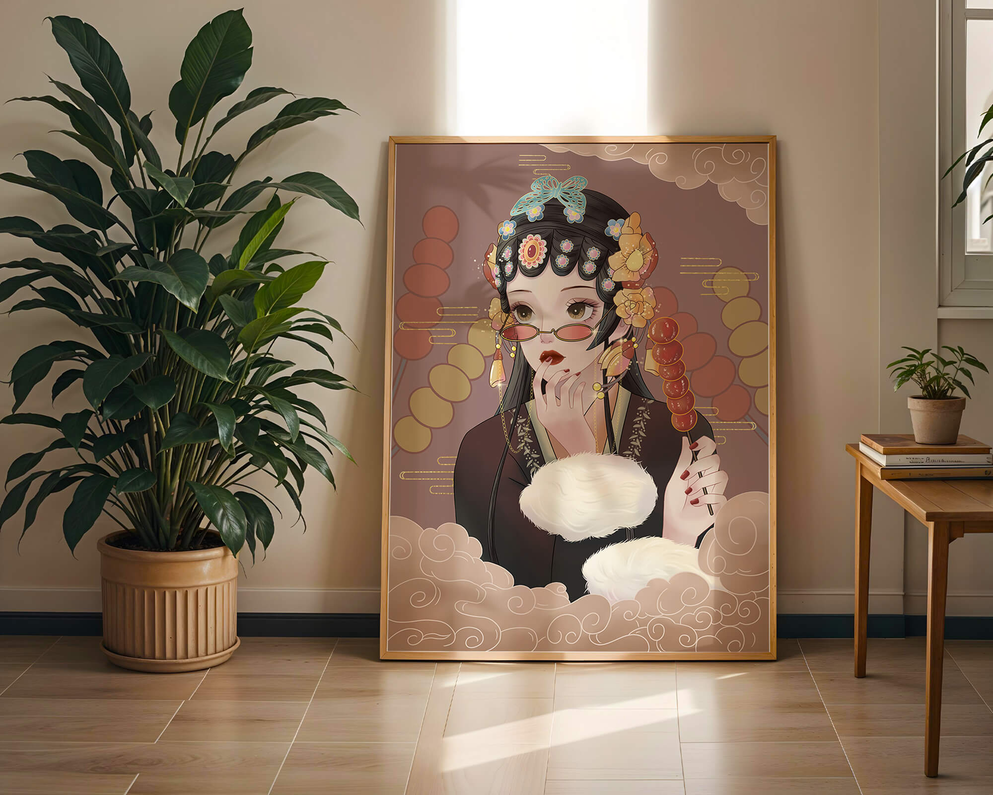 Elegant woman in traditional attire with floral hairpiece