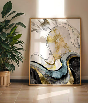 Arte abstracto con líneas fluidas y detalles dorados