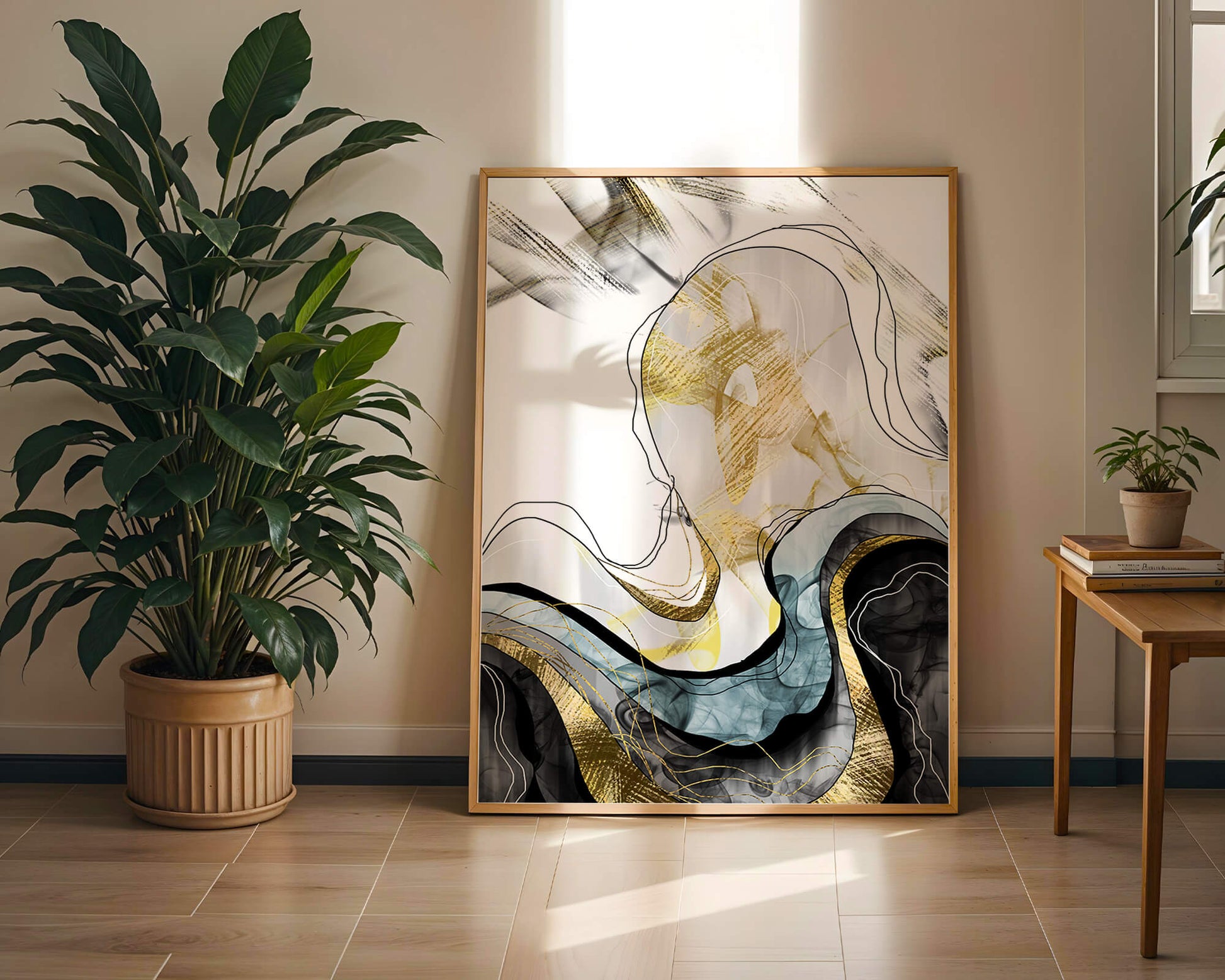 Arte abstracto con líneas fluidas y detalles dorados