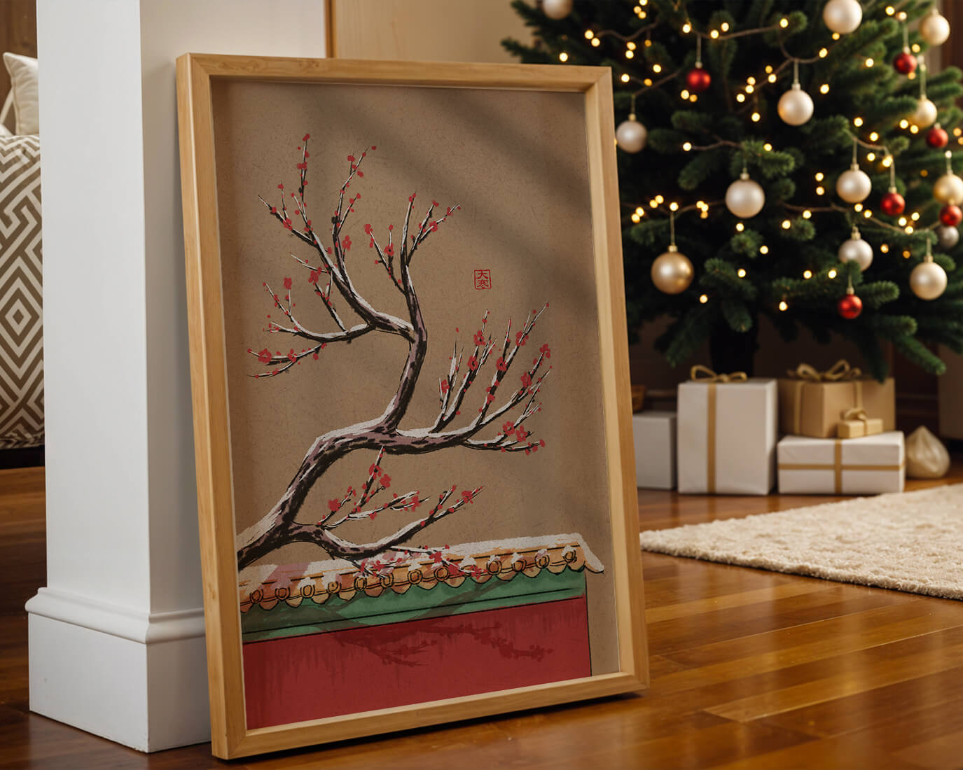 Illustration of blooming plum branch over traditional rooftop