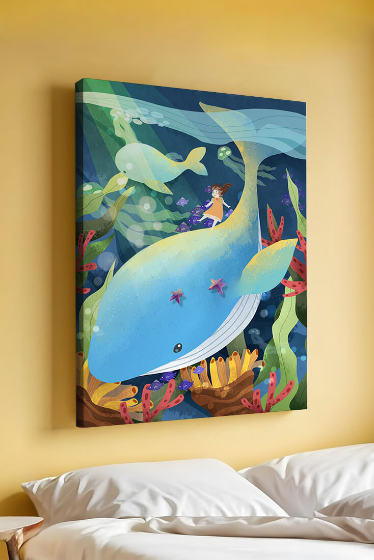 Fantasievolle Unterwasserszene mit einem Mädchen auf einem Wal und farbenfrohem Meeresleben