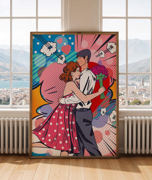 Pareja abrazándose en estilo pop art con un fondo colorido