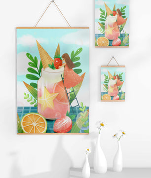 Bezaubernde Sommergetränk-Illustration mit Früchten, Blättern und einem Kind