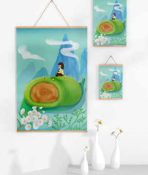 Serene Landscape with Child Sitting on Giant Leaf in Mountainous Fantasy Setting