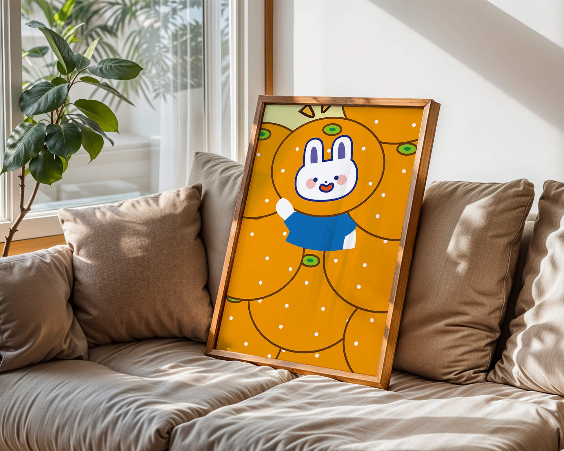 Whimsical illustration of a bunny surrounded by oranges