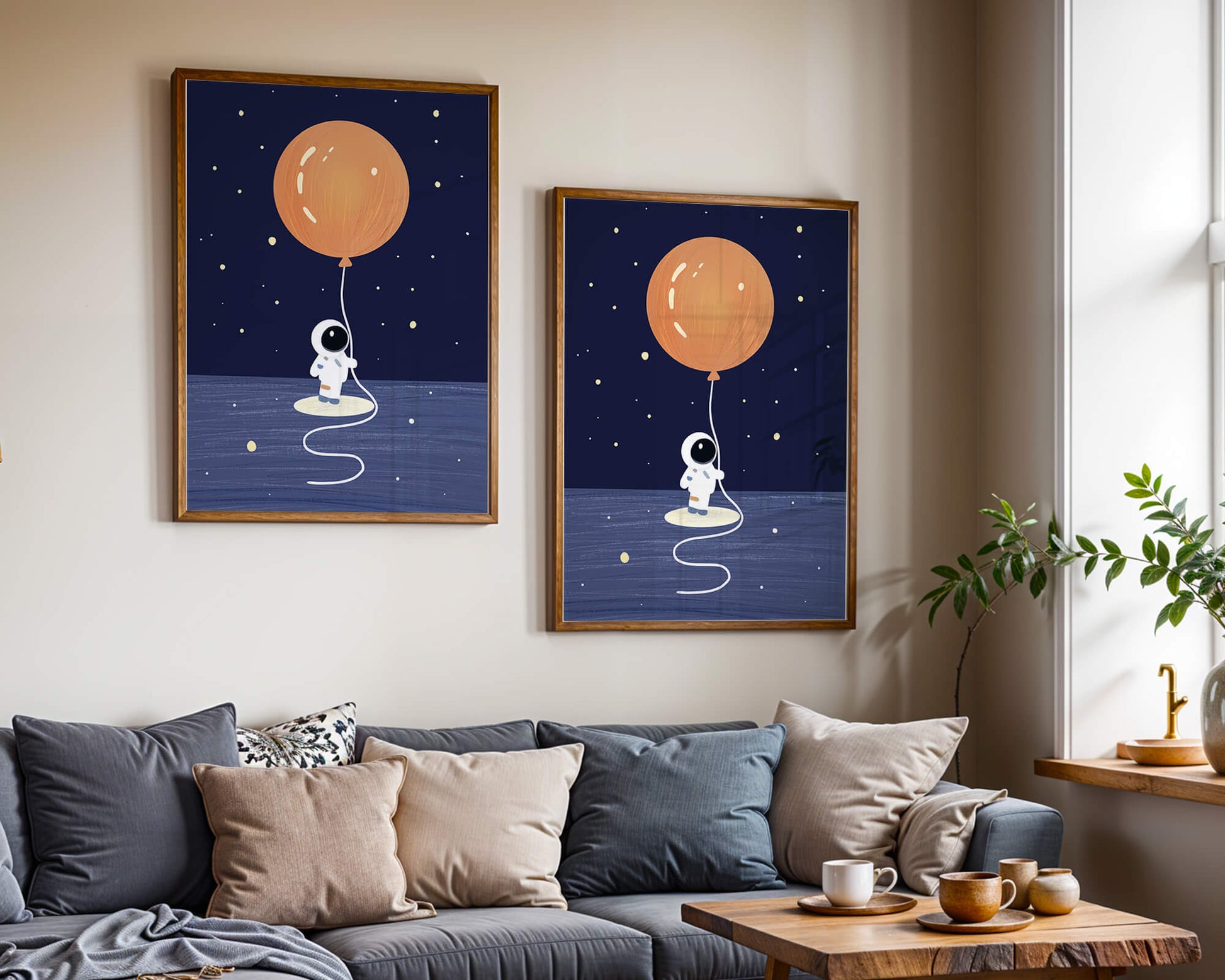 Charming Astronaut Holding Large Orange Balloon Under Starry Sky